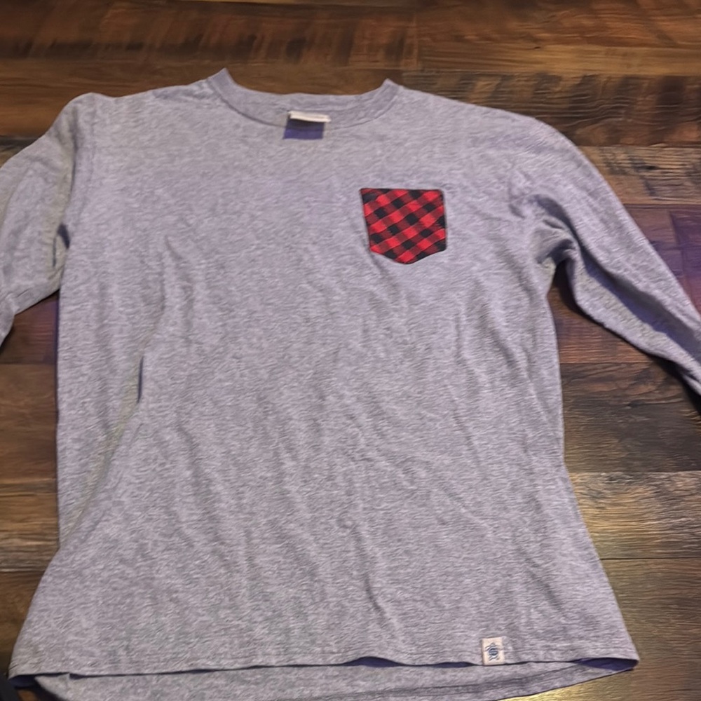 Gray Long Sleeve Shirt with Red Plaid Pocket
